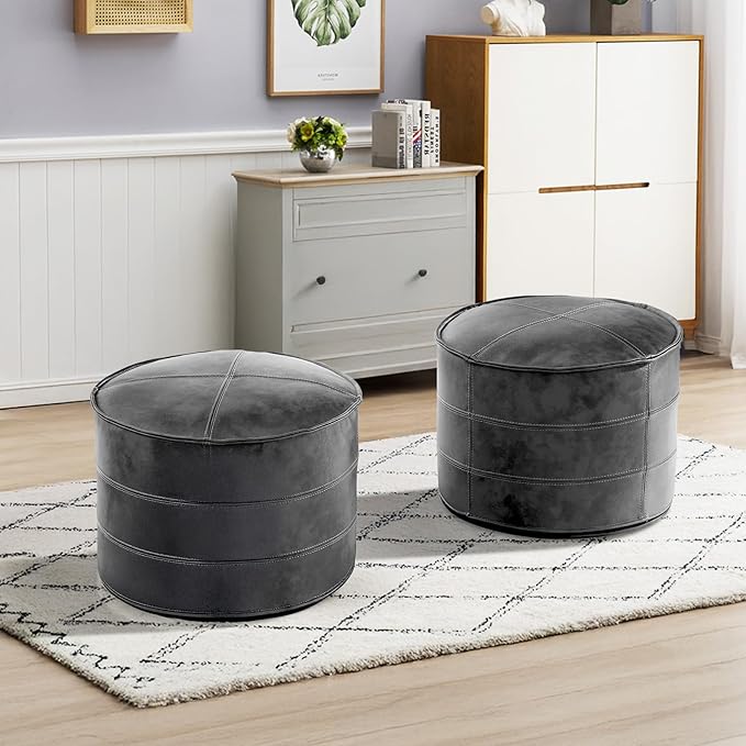 Leather Ottoman,Handmade Stuffed Square Ottoman,Genuine Leather Pouf, Foot Rest Pouf,Comfortable Soft Seating for Living Room & Bedroom (Grey, Round)