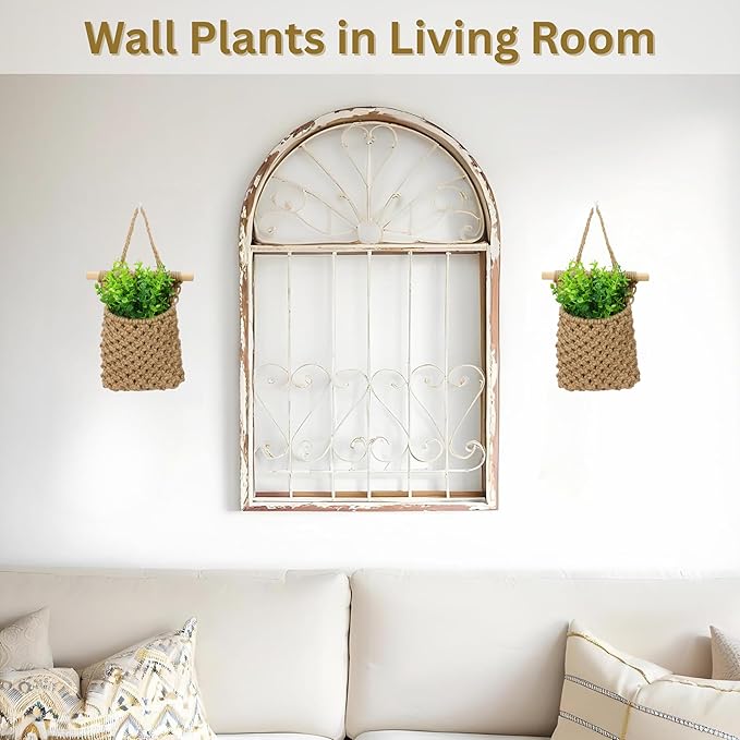 2 Packs Macrame Wall Planters with Artificial Eucalyptus | Macrame Plant Hanger, Wall Plant Holders for Boho, Bathroom, Bedroom & Wall Hanging Decor (2 Packs, Brown)
