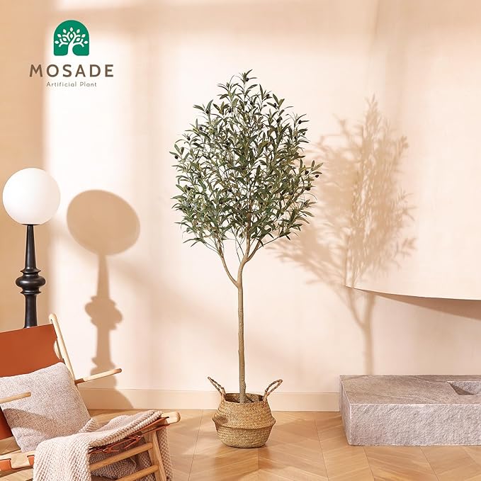 Artificial Olive Tree 6FT – Tall Faux Tree with Realistic Silk Leaves, Handmade Seagrass Basket, Low-Maintenance Large Fake Plants for Modern Office, Floor & Home Decor, Living Room, Indoor Plants