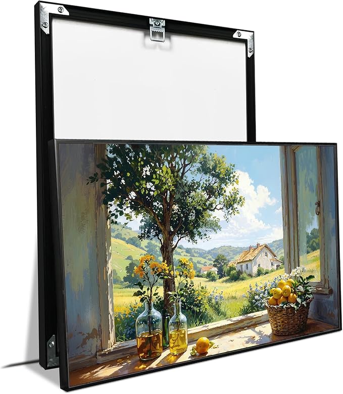 Vintage window farmhouse canvas painting wicker basket full of lemons rolling green hills lush foliage yellow flowers glass bottle rustic charm tranquil country living textured artwork wall decor