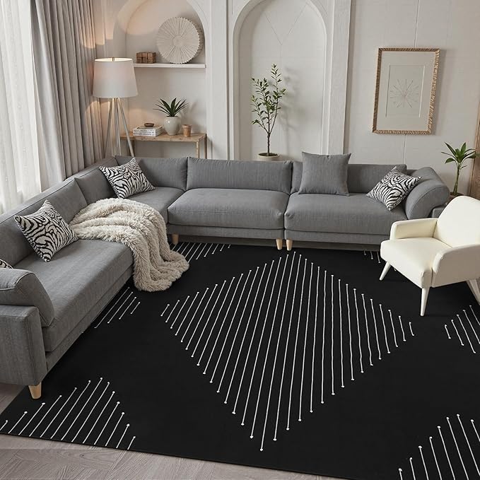 LIVEBOX Boho Area Rug 8' x 10' Black Living Room Rug Washable Moroccan Cotton Rugs for Bedroom, Large Thin Carpet Indoor Outdoor Floor Rug for Dining Room Home Office