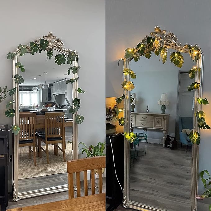 RECUTMS 20LED Monstera Leaf String Lights, Tropical Artificial Rattan Palm Leaves Wall Hanging Vine Greenery,Summer Decorations for Outdoor Indoor Hawaiian Luau Jungle Beach Theme Party Table Home