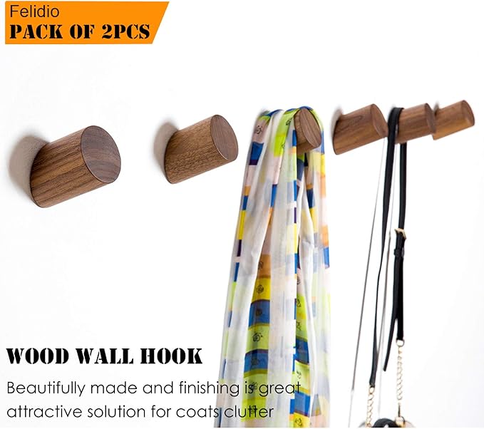 Wooden Wall Hooks, Natural Wood Coat Hooks Wall-Mounted (2 Pack), Rustic Wall Coat Rack Hat Hook, Entryway Walls Hangers, Heavy Duty Hook for Hanging Towels (Black Walnut)