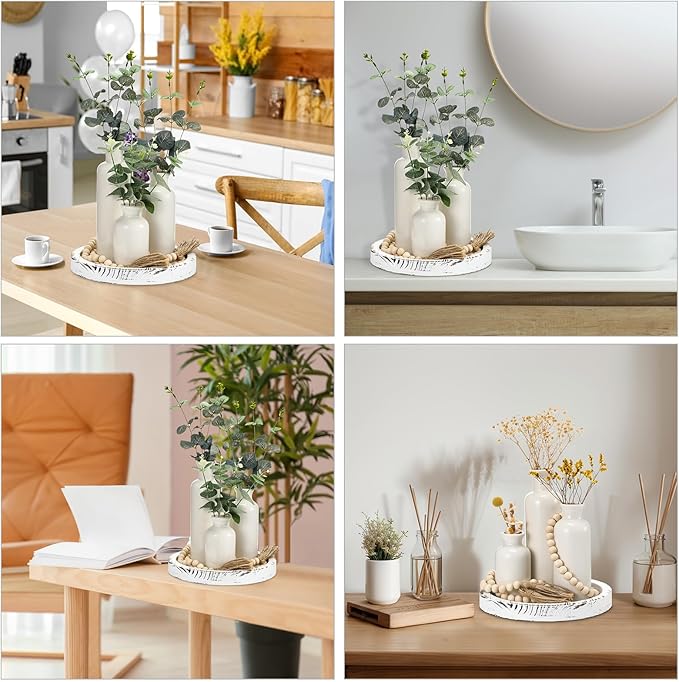 Tiangrid 5 Pcs Rustic Country Tabletop Centerpieces Decor Set of 3 Boho Ceramic Vases with Wooden Serving Tray Wood Bead Garland Tassels Table Holder for Home Decorations(White)