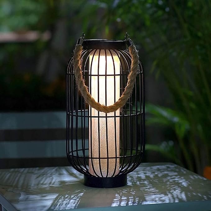 baterysu Large Outdoor Solar Lanterns Hanging Light Waterproof LED Garden Lights solar powered Retro Metal Auto On Off Table Lamp for Garden Patio Porch Lawn Pathway Walkway Tabletop Decorative(Black)