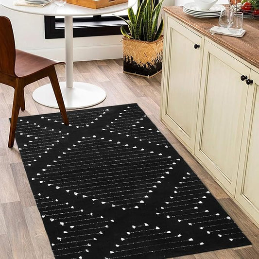 LIVEBOX Boho Black Rug for Kitchen,3x5 Washable Area Rug for Entryway,Moroccan Cotton Throw Rugs Morden Indoor Carpet Door Mat for Bedroom Laundry Room Hallway Halloween Decor