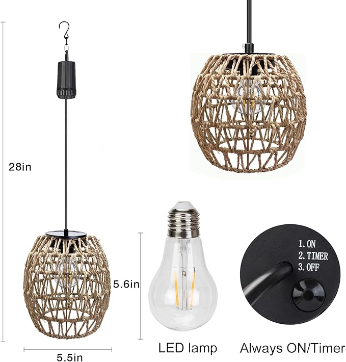 Battery Operated Outdoor Hanging Light Waterproof,6 Hours Timer Seagrass Woven Chandelier Indoor Outdoor Rattan Lantern for Patio Porch Gazebo Garden,Battery Operated Pendant Light with Edison Bulb
