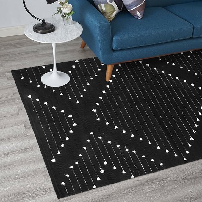 LIVEBOX Boho Black Rug for Kitchen,3x5 Washable Area Rug for Entryway,Moroccan Cotton Throw Rugs Morden Indoor Carpet Door Mat for Bedroom Laundry Room Hallway Halloween Decor