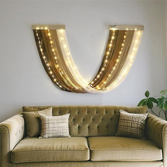 OakHaomie Macrame Fairy Lights Battery Operated with Remote,Large Macrame Wall Hanging with 20ft 100 LED String Lights,Brown Gradient Warm White Light for Living Room,Bedroom,Christmas,Holiday Deco