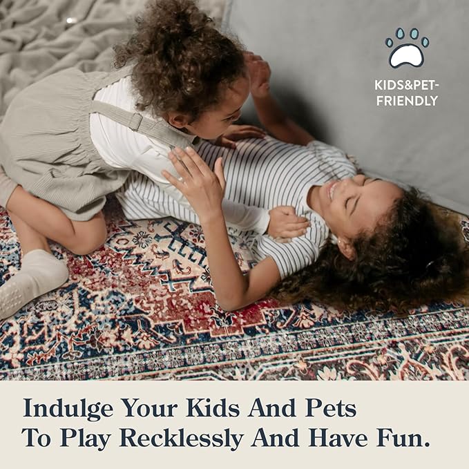 Lahome Oriental Washable Rugs for Bedroom, 4X6 Soft Living Room Rug Ultra-Thin Non-Slip Stain Resistant Vintage Low-Pile Throw Carpet for ‎Office Entryway, Brick Red