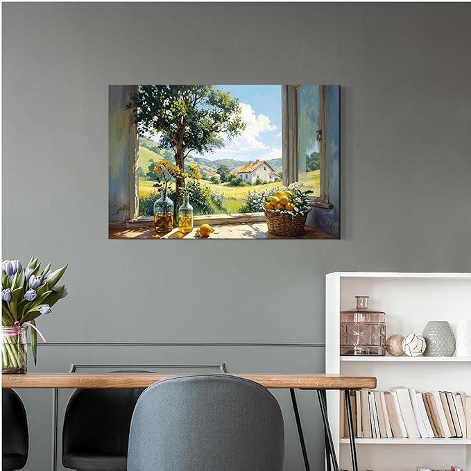 Vintage window farmhouse canvas painting wicker basket full of lemons rolling green hills lush foliage yellow flowers glass bottle rustic charm tranquil country living textured artwork wall decor