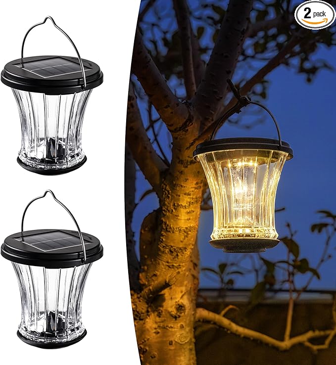 OPOIRA Glass Solar Lantern Outdoor, Waterproof Hanging Solar Lights for Outside with Modular Design, 3000K LED, Auto On/Off Table Lamp for Garden Patio Yard Fence Wall Decorative, Warm White(2 Pack)