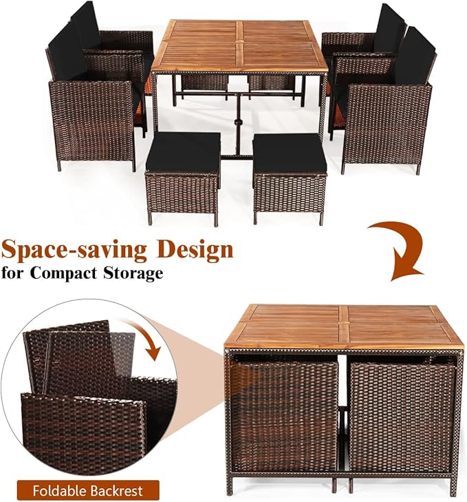 Tangkula 9 Pieces Acacia Wood Patio Dining Set, Space Saving Wicker Chairs and Wood Table with Umbrella Hole Outdoor Furniture Set, Suitable for Garden, Yard, Poolside, Outdoor Seating Set (Black)