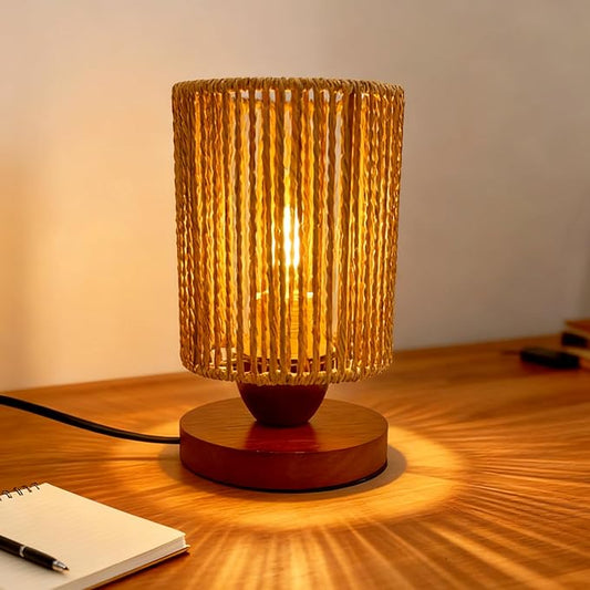Rattan Table Lamp,Boho Small Beside Lamp,Mini Farmhouse Table Lamp for Room Decor,Vintage Wicker Wooden Nightstand Bamboo Woven End Table Lamps for Living Room Bedroom Desk Kids Room,LED Bulb Included