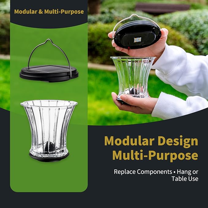 OPOIRA Glass Solar Lantern Outdoor, Waterproof Hanging Solar Lights for Outside with Modular Design, 3000K LED, Auto On/Off Table Lamp for Garden Patio Yard Fence Wall Decorative, Warm White(4 Pack)