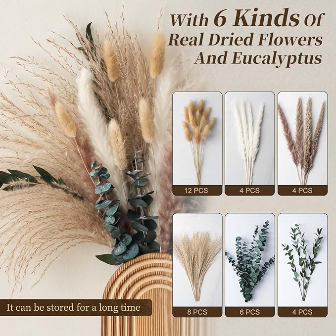 2 Pack Wooden Wall Vase Set with Pampas Grass Eucalyptus, Modern Farmhouse Boho Wall Decor for Living Room, Entryway, Hallway, Bathroom, Dining Room, Brown Wall Art for Home Decoration