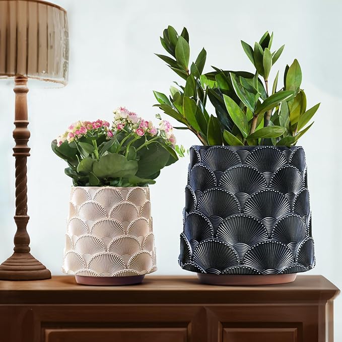 GUGUGO 8 Inch Pearl Black Scale Planter, Cute Unique Plant Pot with Drainage, Eclectic Colorful Small Flower Planters Pots for Indoor Plants, Rainbow Funny Succulent Gardening Pot Gifts
