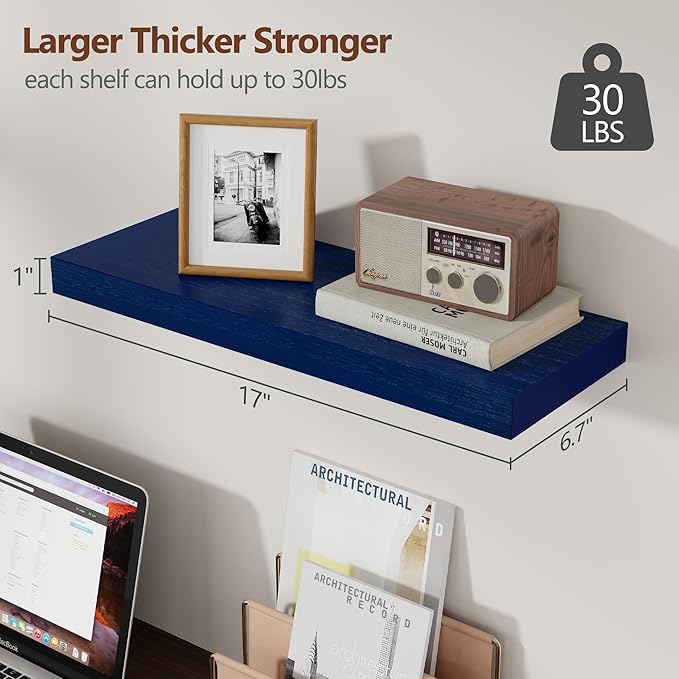 fuqing Blue Floating Shelves for Wall - Wood Wall Shelves Set of 3 - Dark Blue Shelves for Room Decor & Storage in Bedroom Living Room Bathroom Kitchen