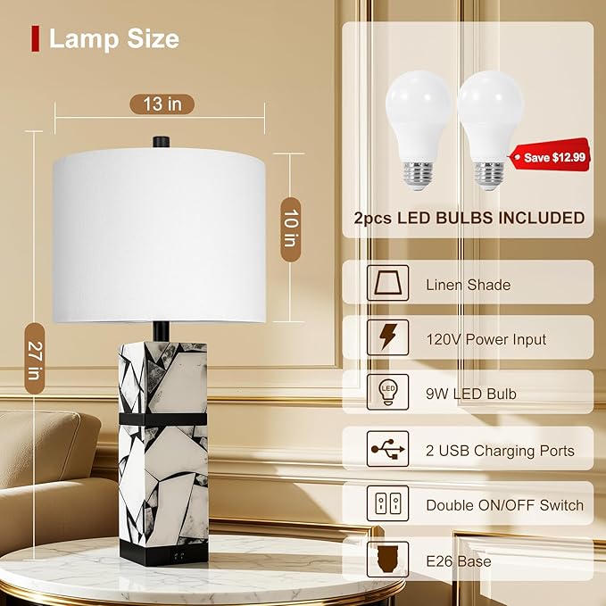 Scenekoy 27" Alabaster Table Lamps Set of 2 with Night Light for Living Room Bedroom, Nightstand Lamps with Linen Shade, Modern Bedroom Lamps with USB A+C Ports for Living Room Office (Bulb Included)