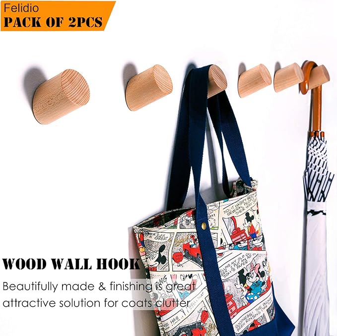 Wooden Wall Hooks, Natural Wood Coat Hooks Wall-Mounted (2 Pack), Rustic Wall Coat Rack Hat Hook, Entryway Walls Hangers, Heavy Duty Hook for Hanging Towels (Beech Wood)