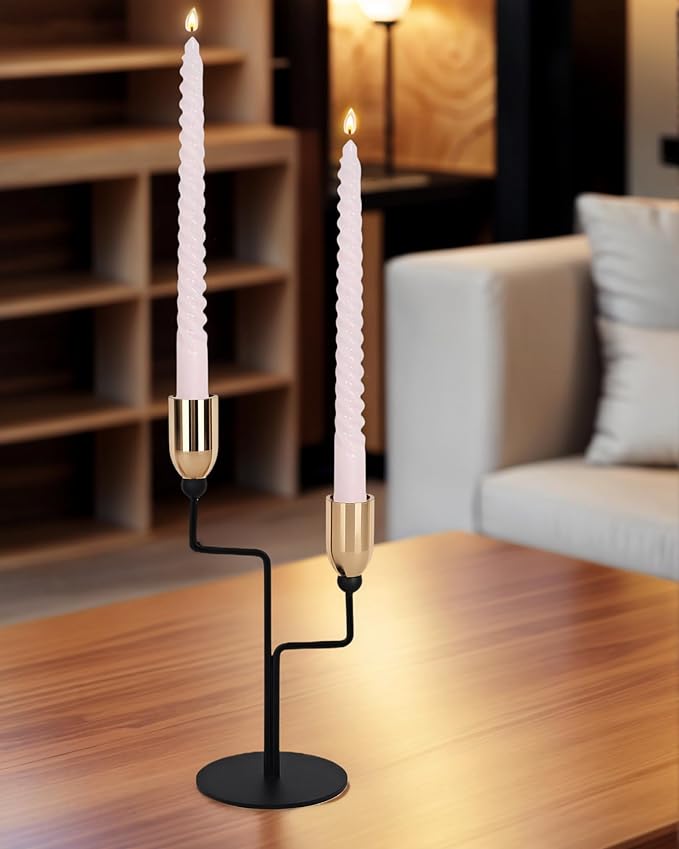 Metal Double Taper Candle Holder, Modern Gold & Black Candle Holder with Stable Base, Decorative Candle Stand for Home Decor, Wedding, Dining, Party, Anniversary