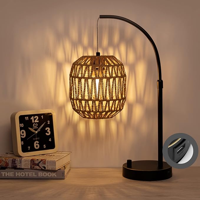 Handmade Woven Rattan Table Lamp with USB Port, Boho Bedside Lamp for Bedroom, Office & Nightstand, Full Metal Base with Two-Color Hand-Woven Rattan Shade