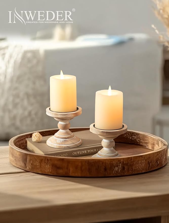 Wood Pillar Candle Holder: 2Pcs Rustic White Candle Holders for Pillar Candles Wood Candle Holders Distressed Wooden Farmhouse Candle Holder Large Rustic Candle Holder for Fireplace Table