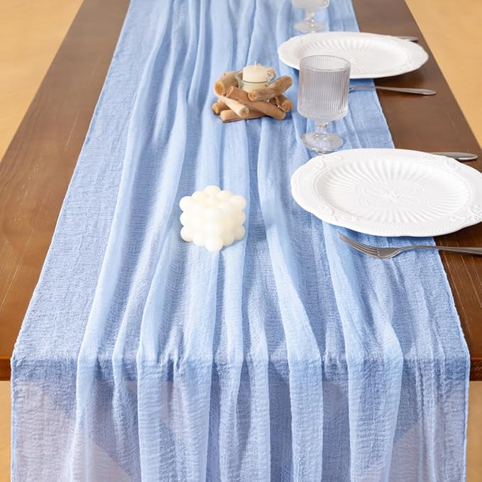 Socomi 3pcs Blue Fall Thanksgiving Gauze Cheesecloth Table Runner 120 Inch Rustic Boho Cheese Cloth Runner for Wedding Party Baby Bridal Shower Centerpiece Decoration Holiday Home Decorations