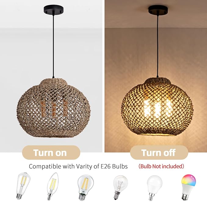 3-Light Rattan Pendant Light, 16.54 Inchesk Boho Wicker Hand-Woven Hanging Kitchen Island Chandelier for Dining Room Bedroom for Dining Room, Living Room, Bedroom, Kitchen, Farmhouse