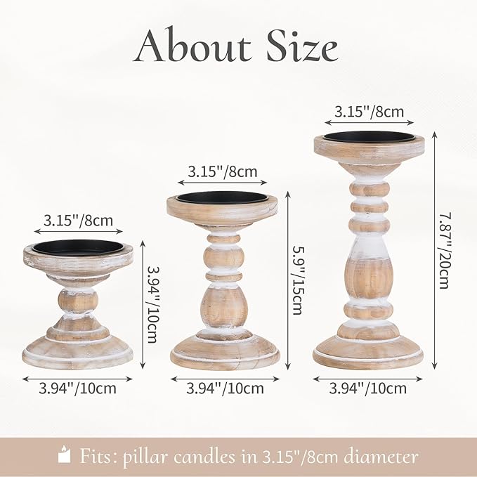 Wood Pillar Candle Holder: 3Pcs Rustic White Candle Holders for Pillar Candles Wood Candle Holders Distressed Wooden Farmhouse Candle Holder Large Rustic Candle Holder for Fireplace Table