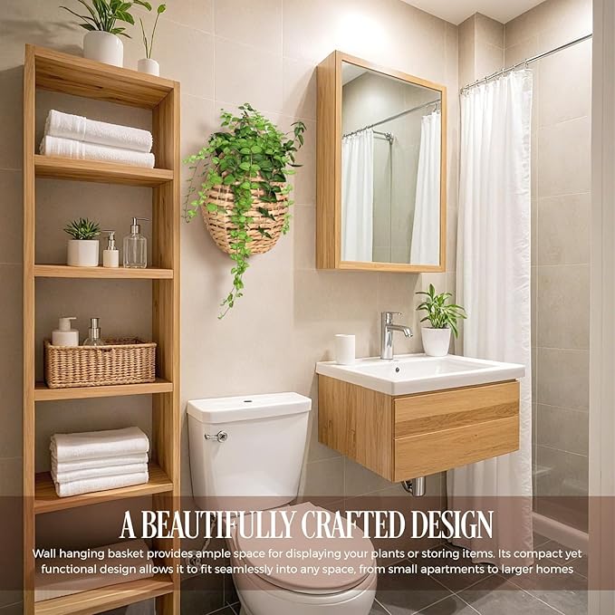 Natural Handwoven Wall Hanging Water Hyacinth Basket for Front Door Flowers & Home Decor – Handwoven Wicker Wall Baskets with Loop Handle – Decorative Organizer for Entryway Mail, and Seasonal Display