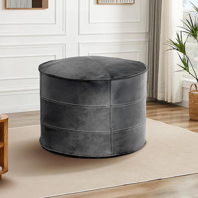 Leather Ottoman,Handmade Stuffed Square Ottoman,Genuine Leather Pouf, Foot Rest Pouf,Comfortable Soft Seating for Living Room & Bedroom (Grey, Round)