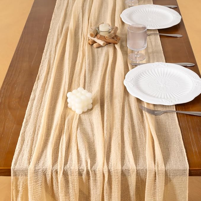 Socomi 6pcs Beige Cheesecloth Table Runner Fall Thanksgiving Gauze 120 Inch Rustic Boho Cheese Cloth Runner for Wedding Party Baby Bridal Shower Centerpiece Decoration Holiday Home Decorations