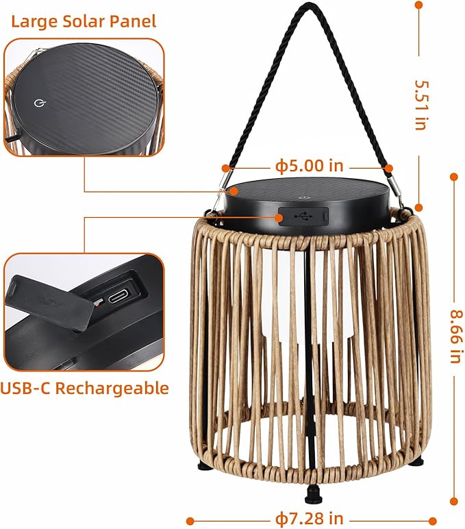 BRIMMEL Solar Lanterns Outdoor Waterproof IP54, Handwoven Wicker Outdoor Table Lamps Portable Rechargeable with 30H+ Runtime, Dual USB-C/Solar Charging Hanging Lantern, 3 Brightness Levels