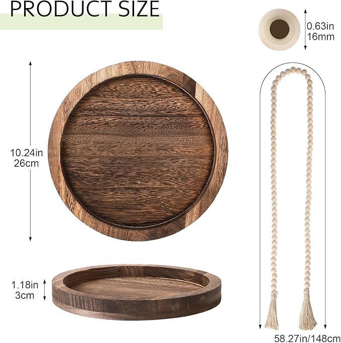 Tiangrid 5 Pcs Rustic Country Tabletop Centerpieces Decor Set of 3 Boho Ceramic Vases with Wooden Serving Tray Wood Bead Garland Tassels Table Holder for Home Decorations(Dark Brown)