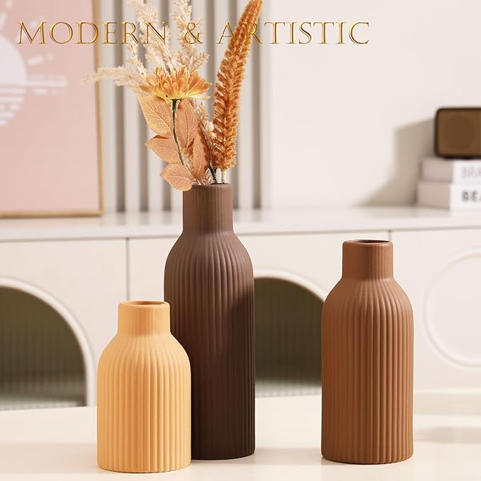 Joeabor Ceramic Vase Set of 3 - Handcrafted Ceramic Vases for Home Decor & Shelf - Modern Farmhouse Decor for Kitchen, Office, Bedroom & Living Room Decorative Objects for Mantel, Table Centerpieces