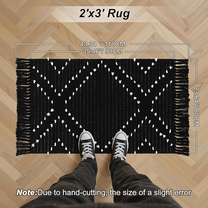 LIVEBOX Boho Black Bathroom Rug 2x3 Bath Mat, Washable Small Cotton Woven Throw Rugs, Moroccan Area Carpet with Tassel for Kitchen Sink Front Door Entryway