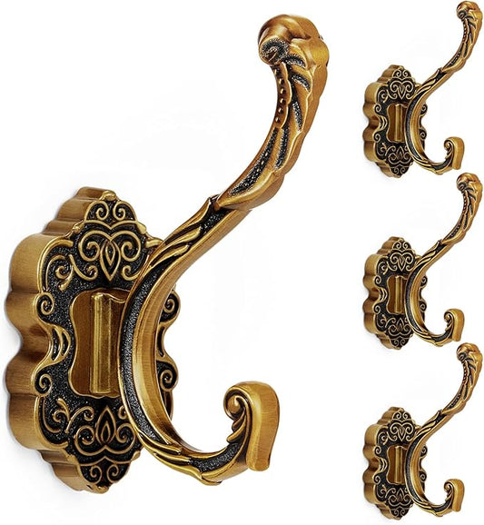 Zonon 4 Pcs Antique Gold Vintage Coat Hooks Decorative Towel Hooks for Bathrooms Antique Wall Hook for Hanging Purse Hat Keys Clothes Heavy Duty Unique French Country Curtain Holder for Wall