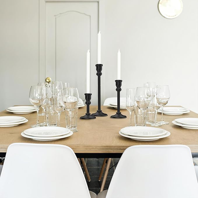 Black Heavy Candlestick Holders Taper Candle Holders Set of 3, Golden Candlestick Holders Decorative Candle Stand, Tapered Candle Holders Set for Wedding, Dining Table, Home Decoration (Antique Black)