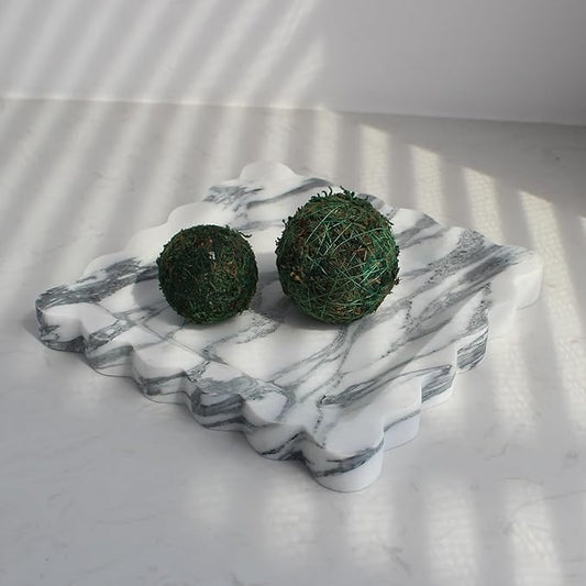 Natural Luxury Marble Tray with Scalloped Edge, Handmade Square Decorative Tray, Catch All Tray for Counter, Dresser, Nightstand and Home Décor