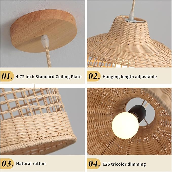 Rattan Pendant Lights, Hand-Woven Large Wicker Chandelier Boho Pendant Light Bamboo Basket Hanging Light for Bedroom Dining Room Kitchen Island Living Room, 17.8x17.8IN