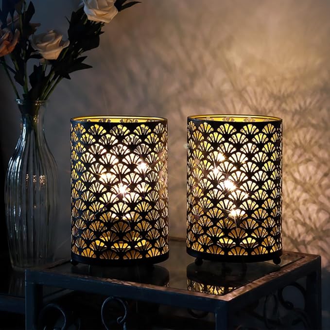 TRIROCKS Set of 2 Battery Operated Lamp 6.5'' Tall Metal Cordless Table Lamp Bronze Lanterns with Warm Fairy Lights Bulb for Patio Garden Wedding Parties Indoor Outdoor(Scalloped Hollow Pattern)