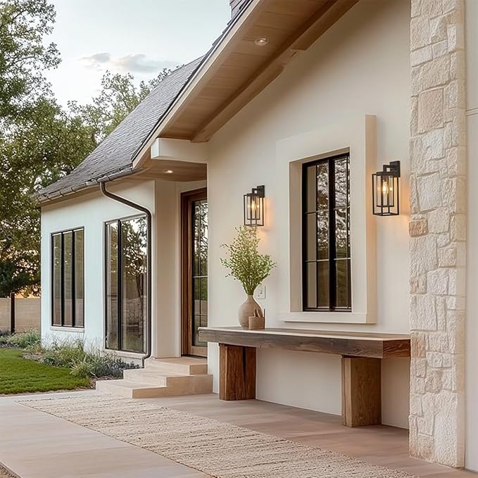 18" Outdoor Wall Light Fixtures Waterproofed Exterior Lantern W/Sturdy Rectangular Double Cage In Satin Black&Clear Tempered Glass,Sconce Mounted For House Patio,Front door,Porch,Garage Lighting 2Pack