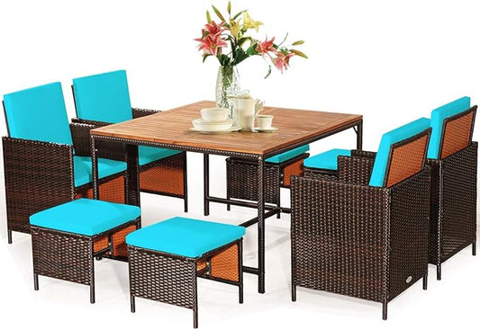 Tangkula 9 Pieces Acacia Wood Patio Dining Set, Space Saving Wicker Chairs and Wood Table with Umbrella Hole Outdoor Furniture Set, Suitable for Garden, Yard, Poolside, Outdoor Seating Set