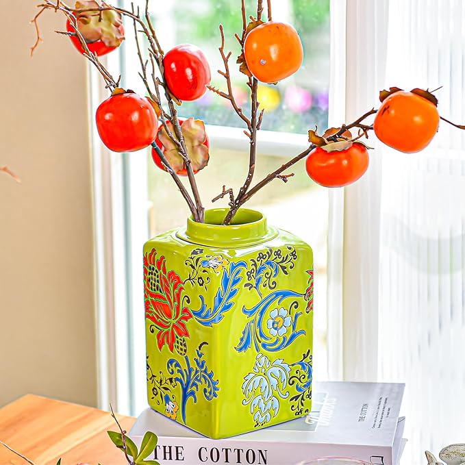 Sungmor Decorative Ceramic Ginger Jar with Lid, Square Ceramic Storage Jar Tea Canister, 8.2" Hand Painted Floral Pattern Porcelain Vase for Table Centerpiece, Green Glazed Ginger Jar for Home Decor