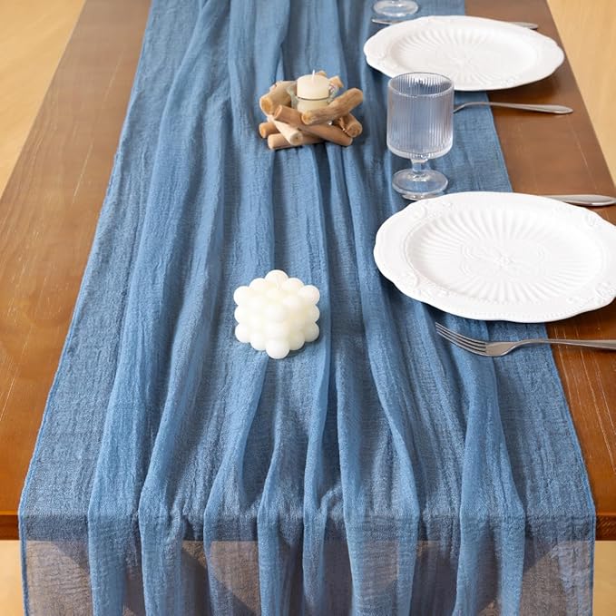 Socomi 3pcs Dusty Blue Fall Thanksgiving Gauze Cheesecloth Table Runner 120 Inch Rustic Boho Cheese Cloth Runner for Wedding Party Baby Bridal Shower Centerpiece Decoration Holiday Home Decorations
