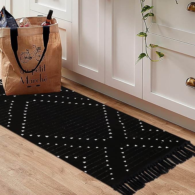 LIVEBOX Boho Kitchen Rug 2' x 4.3' Washable Bathroom Runner with Tassel, Moroccan Black Area Rugs Small Woven Cotton Throw Rug for Entryway Laundry Room Hallway