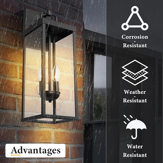 Diyel Outdoor Wall Sconce Lights, 20 Inch Tall Transitional Exterior Wall Lighting with Clear Glass, Modern Black Carriage Lantern Lamp Outside for Front Porch Garage Garden Patio Corridor Doorway