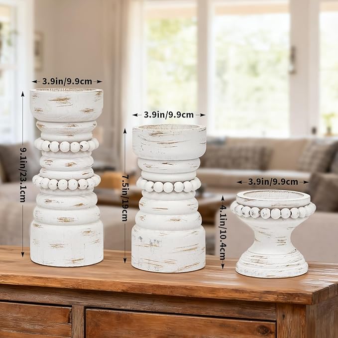 MODE HOME Rustic Wood Candle Holders Set of 3, Farmhouse Beaded Wood Pillar Candle Holder, Candle Holders for Pillar Candles & Candlesticks, Candle Sticks Holder Decor for Table Centerpiece
