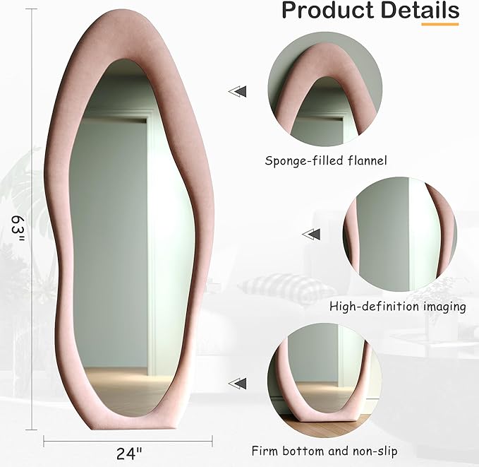 Honyee Full Length Mirror, 63" x 24" Wall Mirror, Flannel Wrapped Wooden Frame Full Body Mirror, Irregular Wavy Mirror Hanging or Leaning Against Wall for Cloakroom/Bedroom/Living Room, Pink